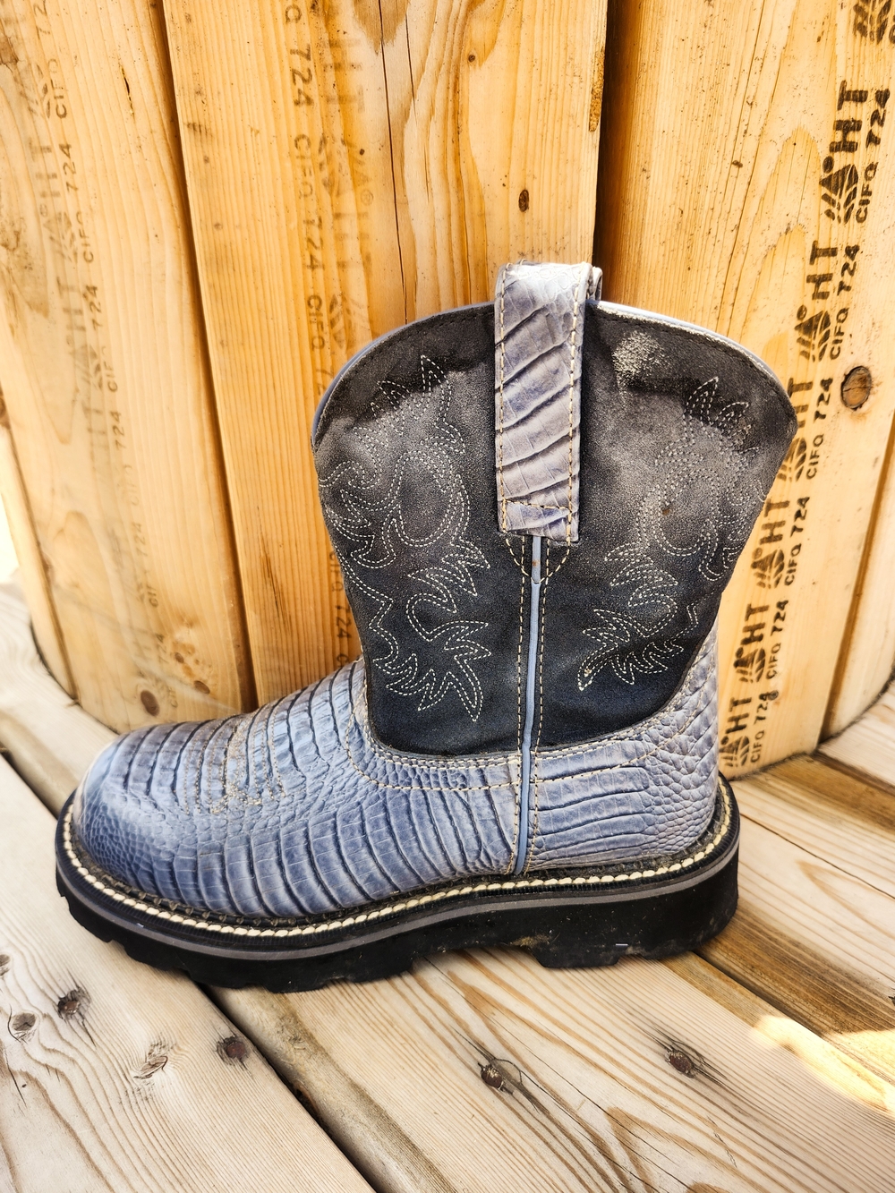 Ariat Women's 6.5B Blue Reptile Print Western Boots Black Suede Work Ranch - Picture 6 of 8